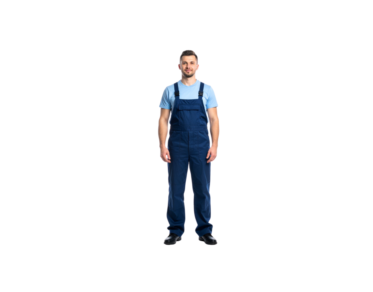 Fulllength portrait of a man in blue overalls and a light blue tshirt. png