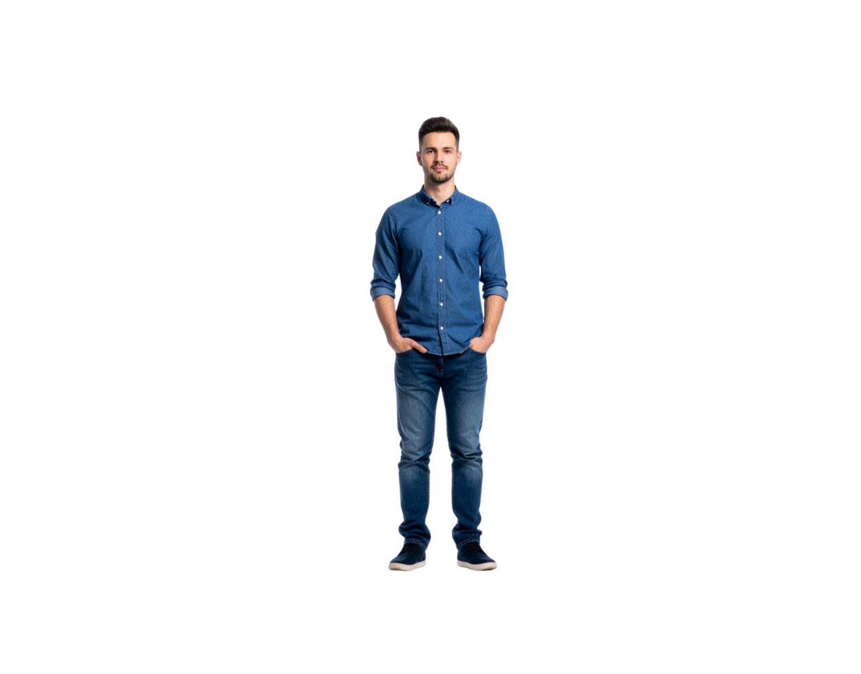 Fulllength portrait of a man in denim shirt and jeans hands in pockets. png