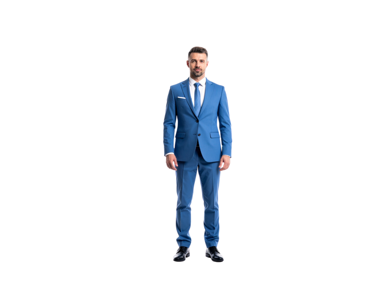 Confident Man in Blue Suit Standing Tall Formal Attire. png