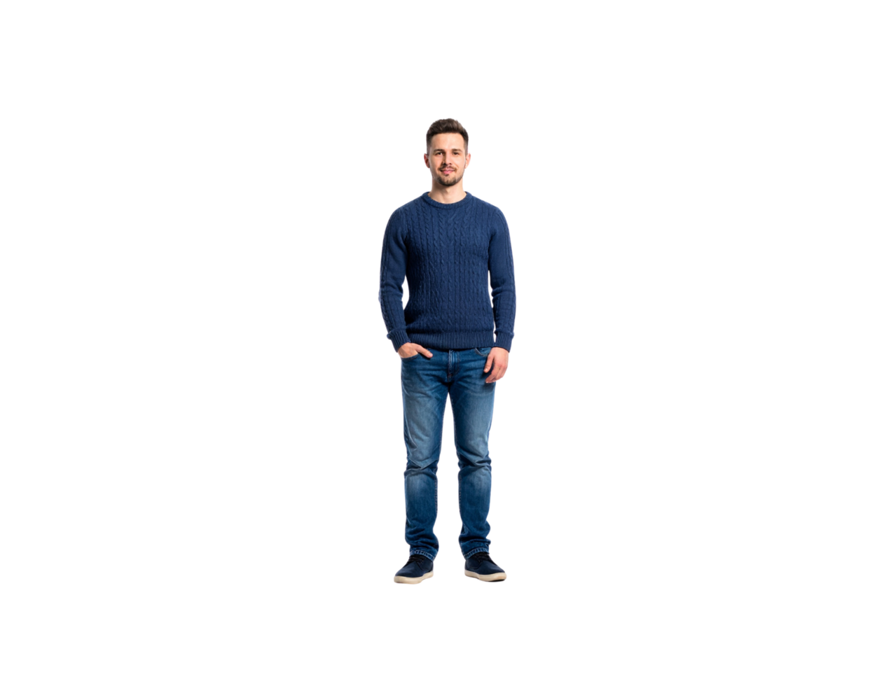 Fulllength portrait of a man in a blue cableknit sweater and jeans. png