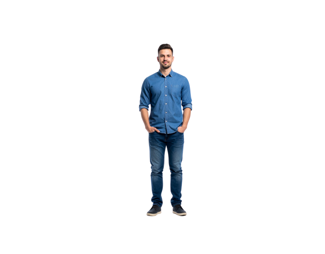 Smiling Man in Denim Outfit with Hands in Pockets Full Shot. png