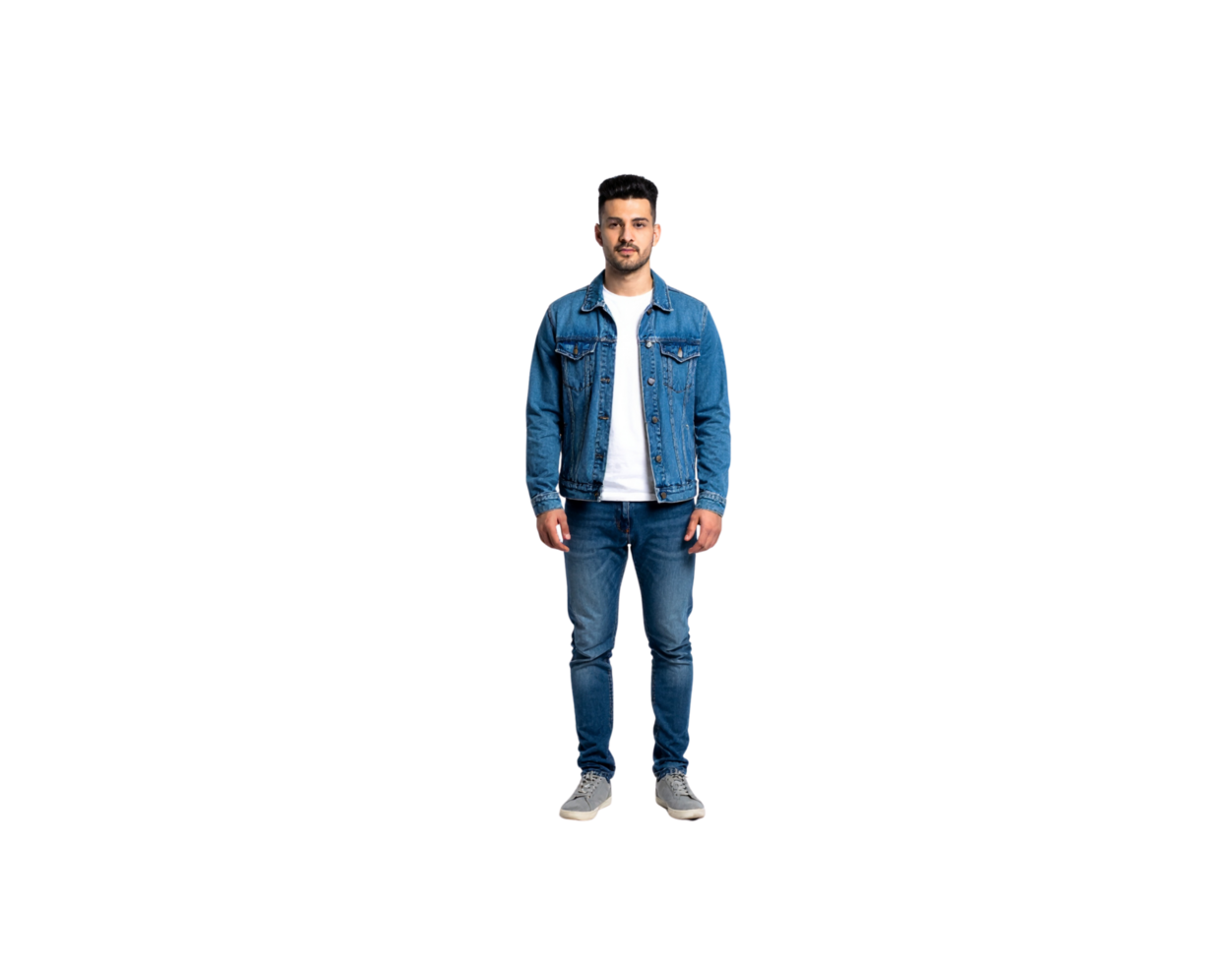Young man in denim jacket and jeans standing in full shot. png
