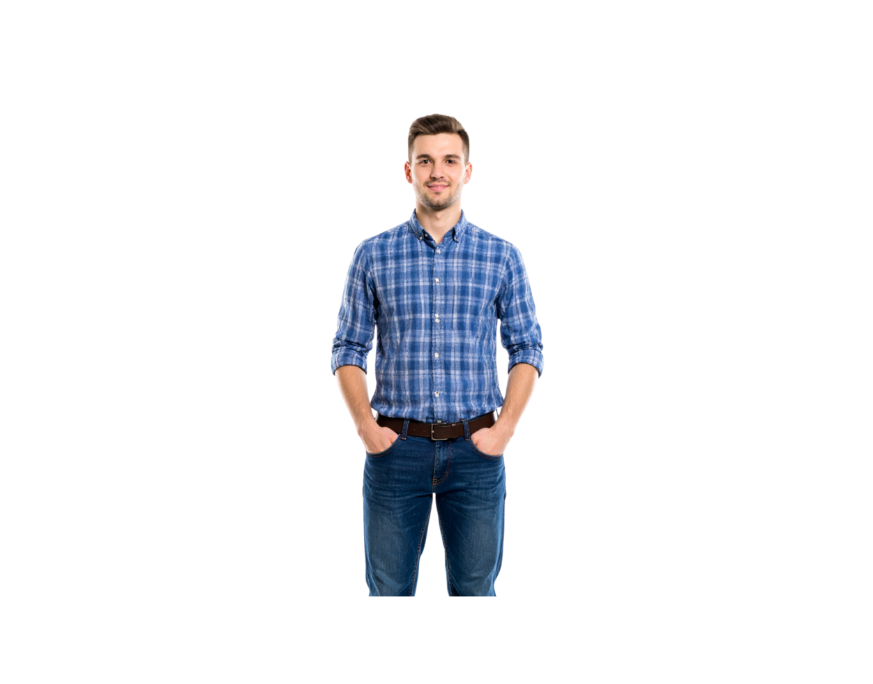 Smiling Man in Blue Plaid Shirt and Jeans with Hands in Pockets. png