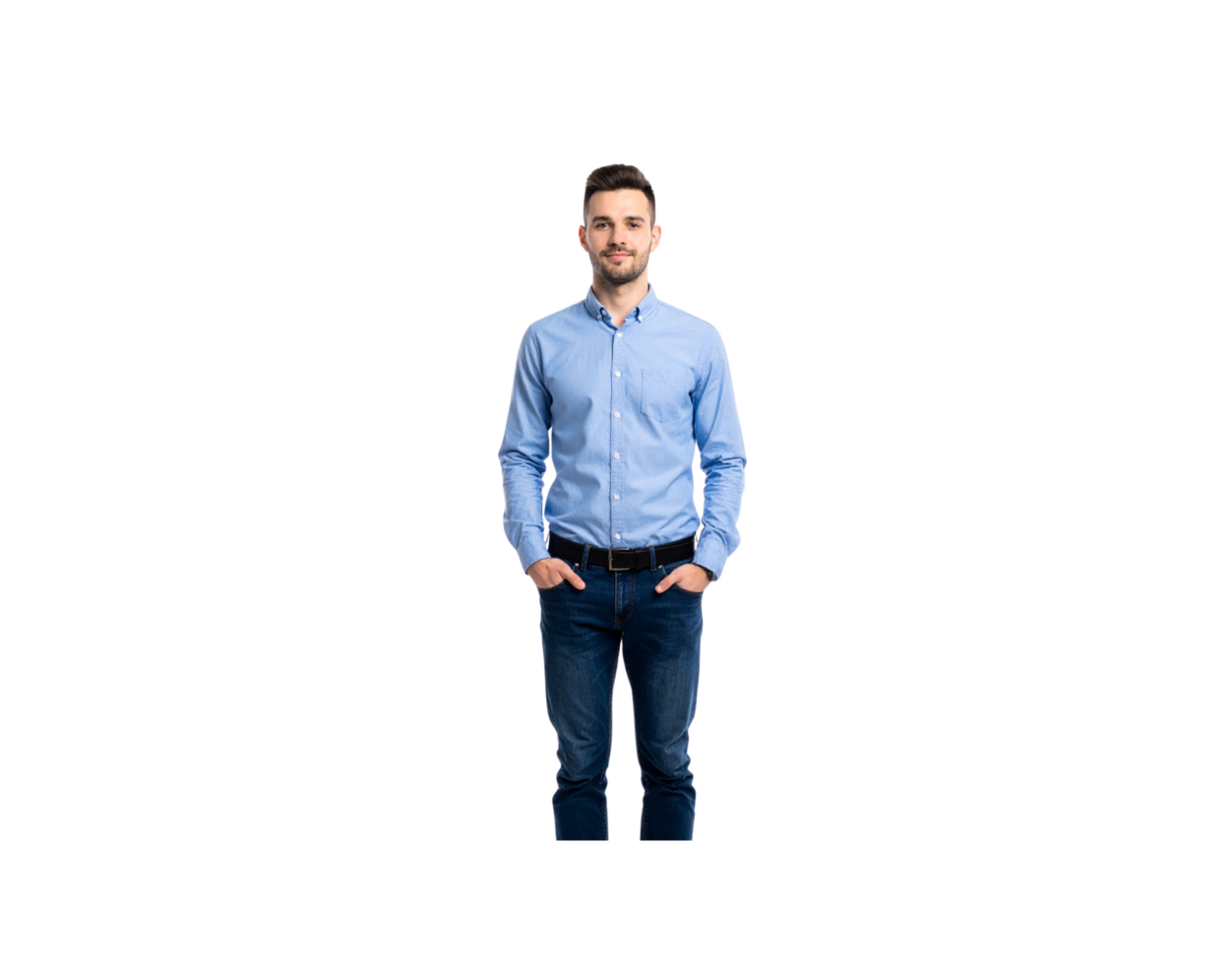 Smiling Man in Blue Shirt and Jeans with Hands in Pockets. png