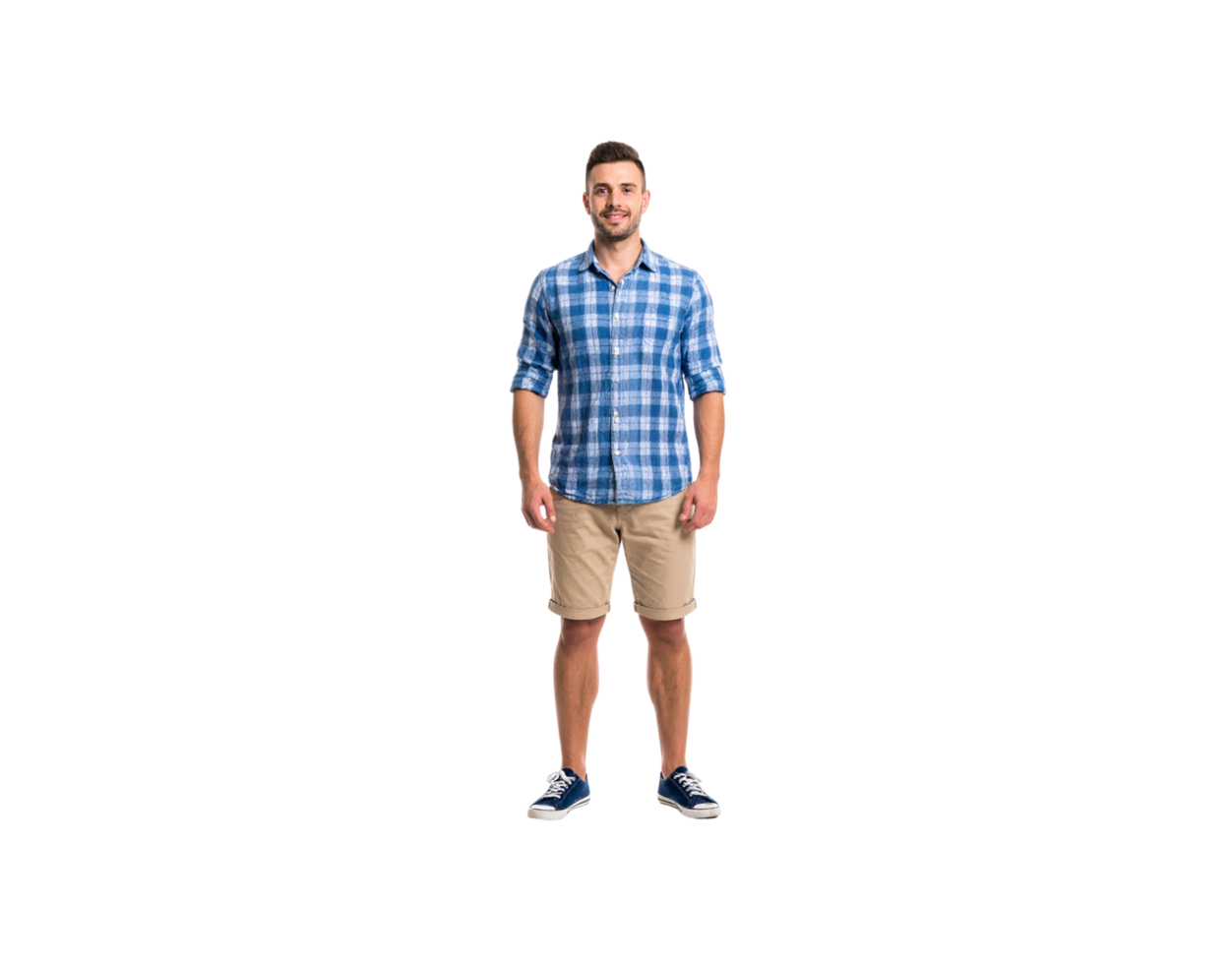 Smiling Man in Blue Plaid Shirt and Khaki Shorts Standing Tall. png