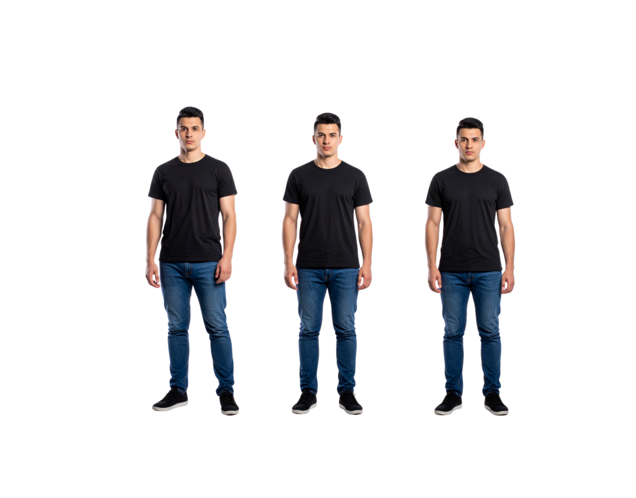 Three Men Standing in Black TShirts and Blue Jeans Full Shot. png