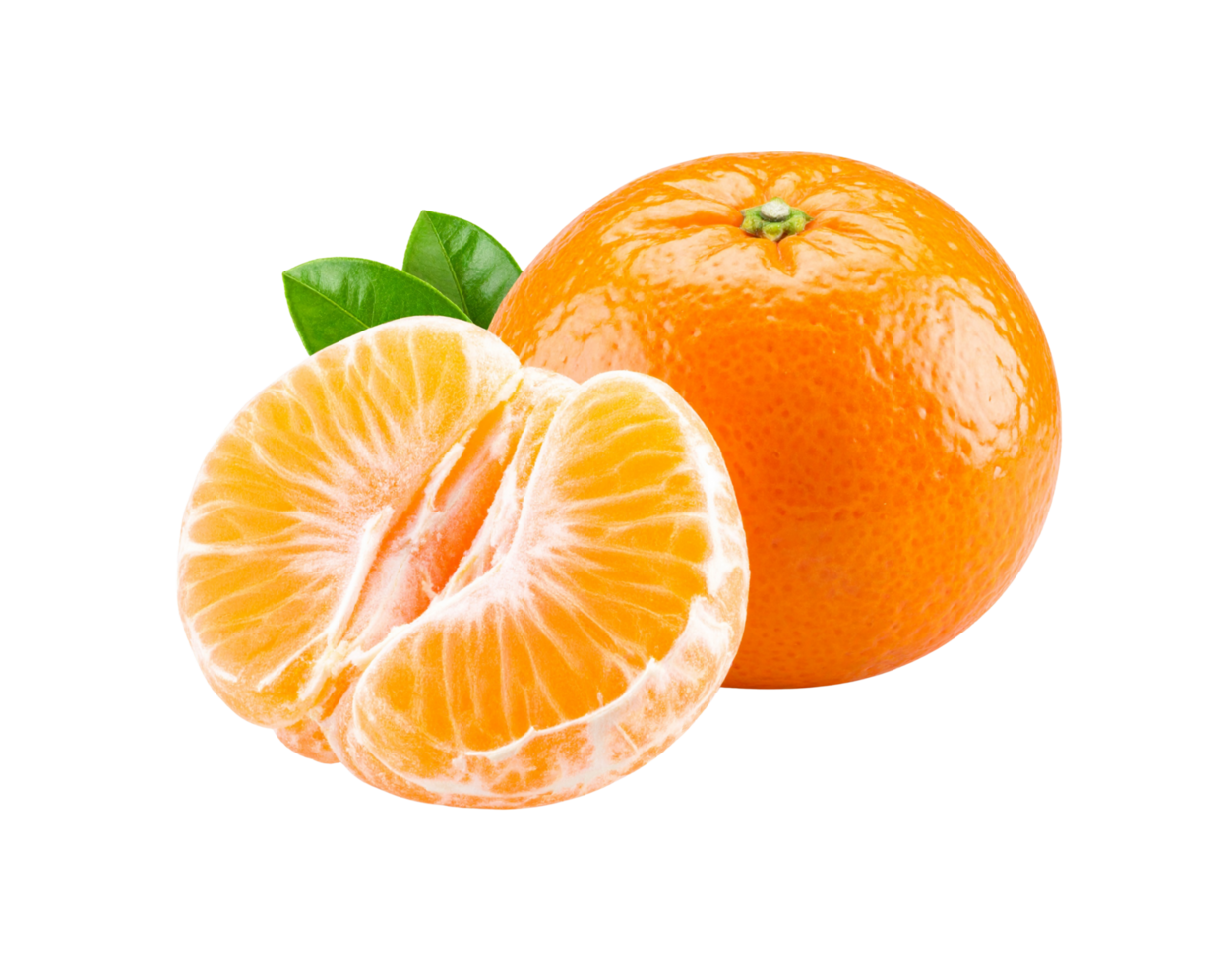 Fresh Mandarin Orange with Segment and Green Leaves Detail. png