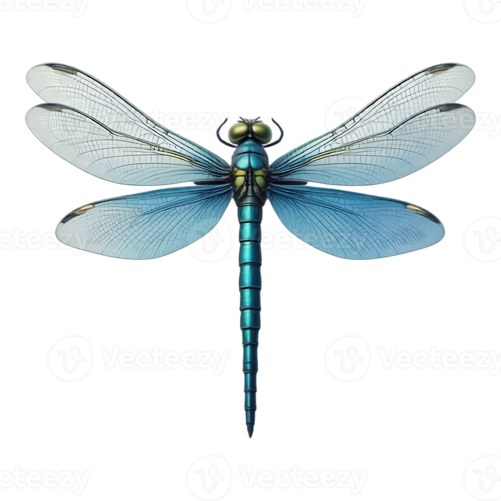 Detailed photograph of a stunning iridescent blue dragonfly with transparent wings png
