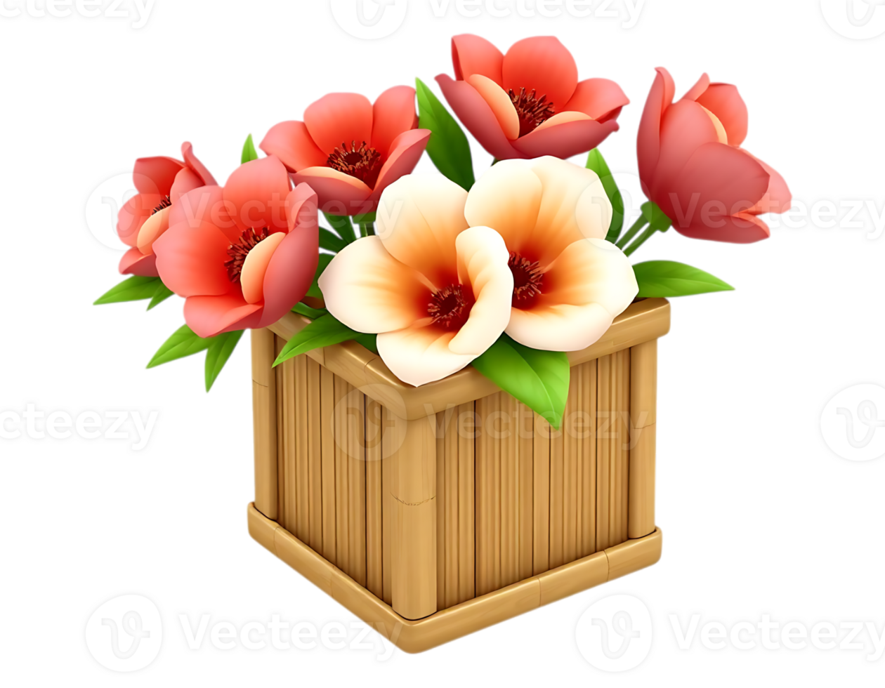 3D Render of Flowers in a Wooden Planter png