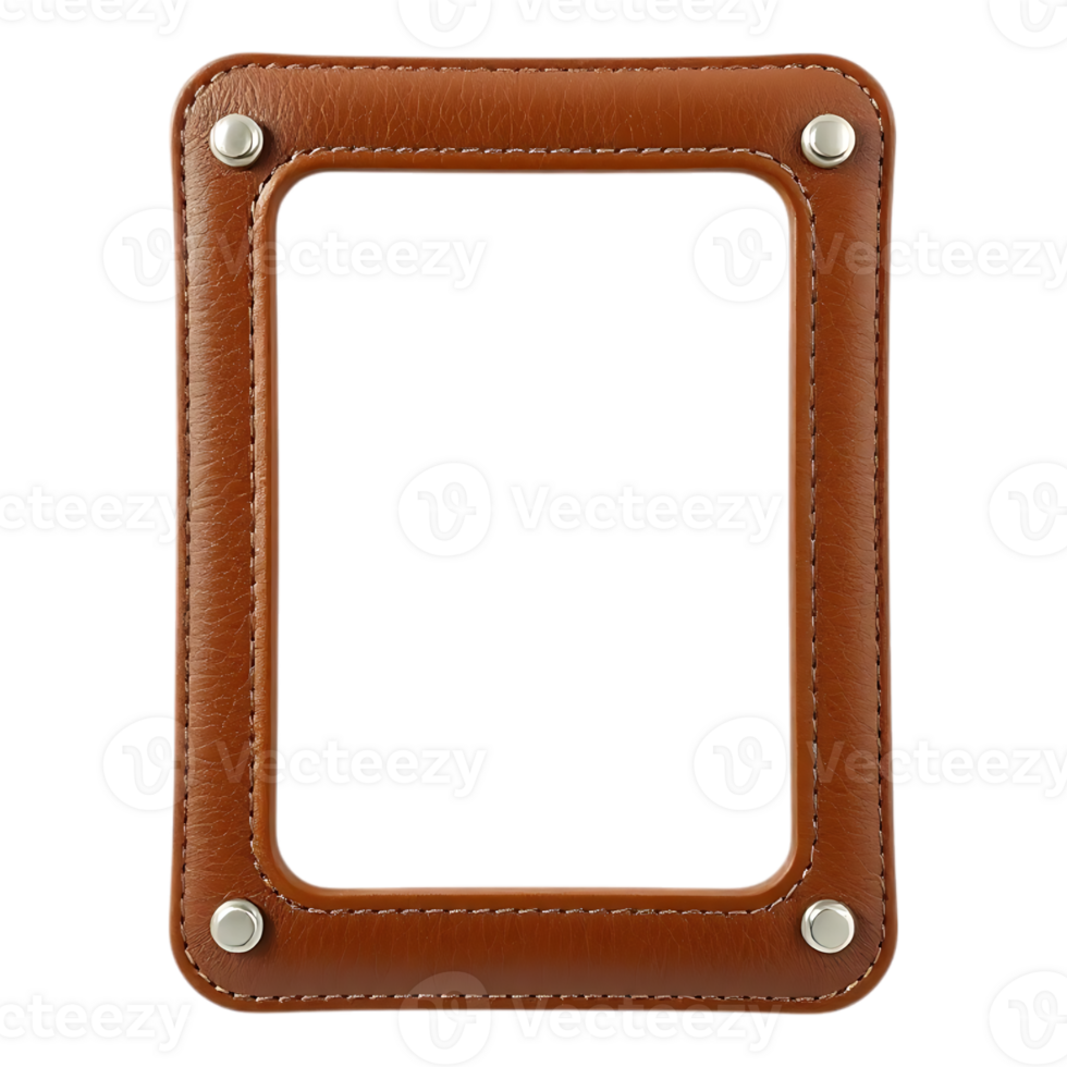 Brown leather frame with decorative stitching and metallic studs png
