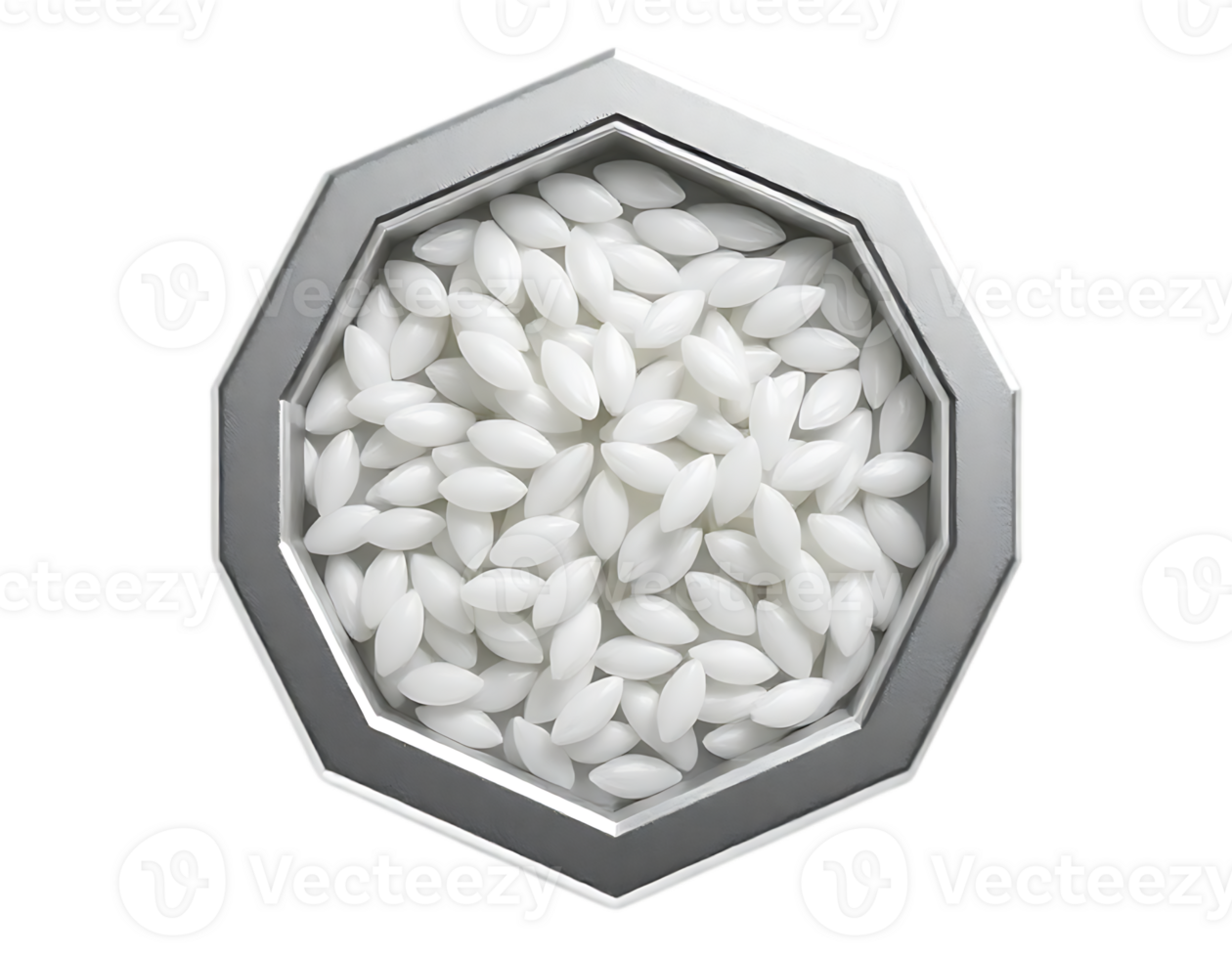 Close-up of White Rice Grains in Octagonal Silver Bowl png