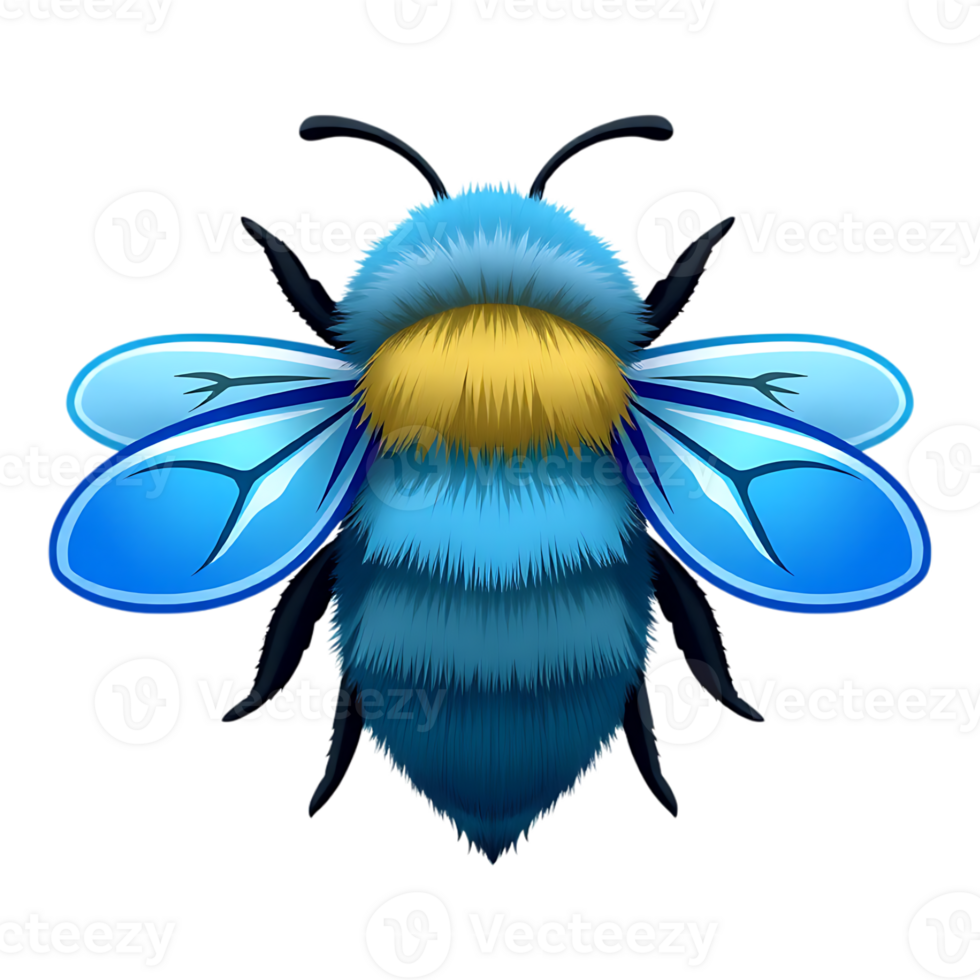 A stylized blue bumblebee with fluffy fur and transparent wings png