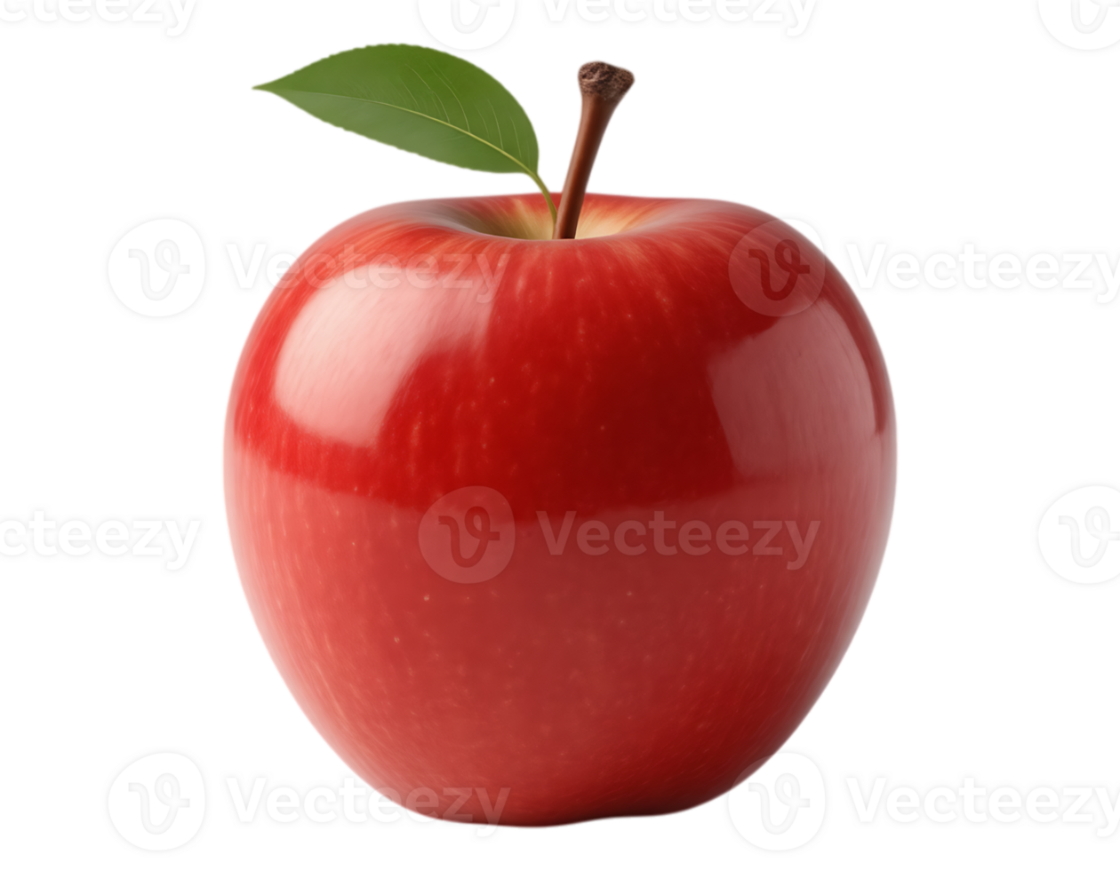 A vibrant and flawless red apple with a fresh green leaf. png