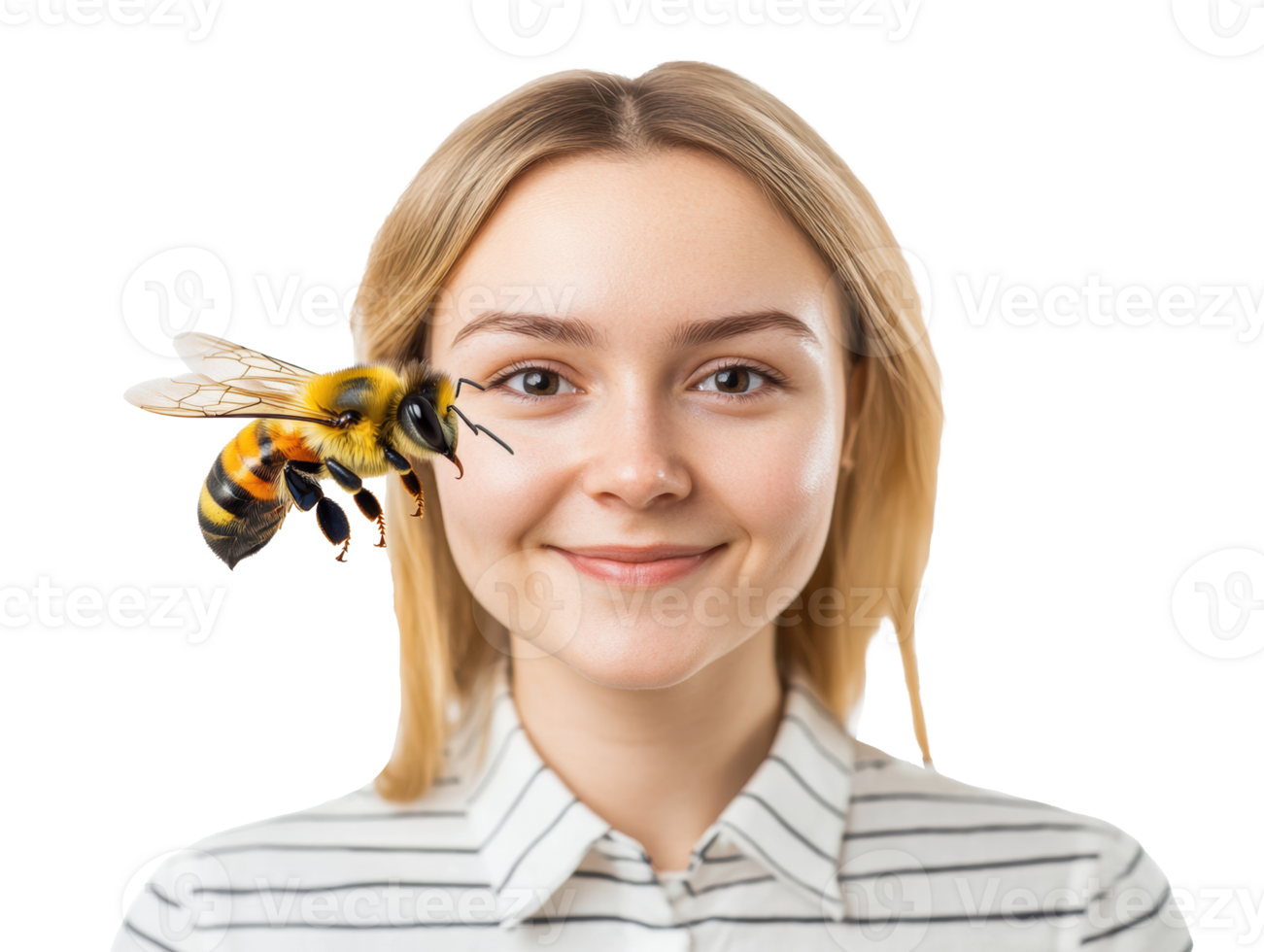 Woman smiling with a bee hovering near her face during a nature moment png