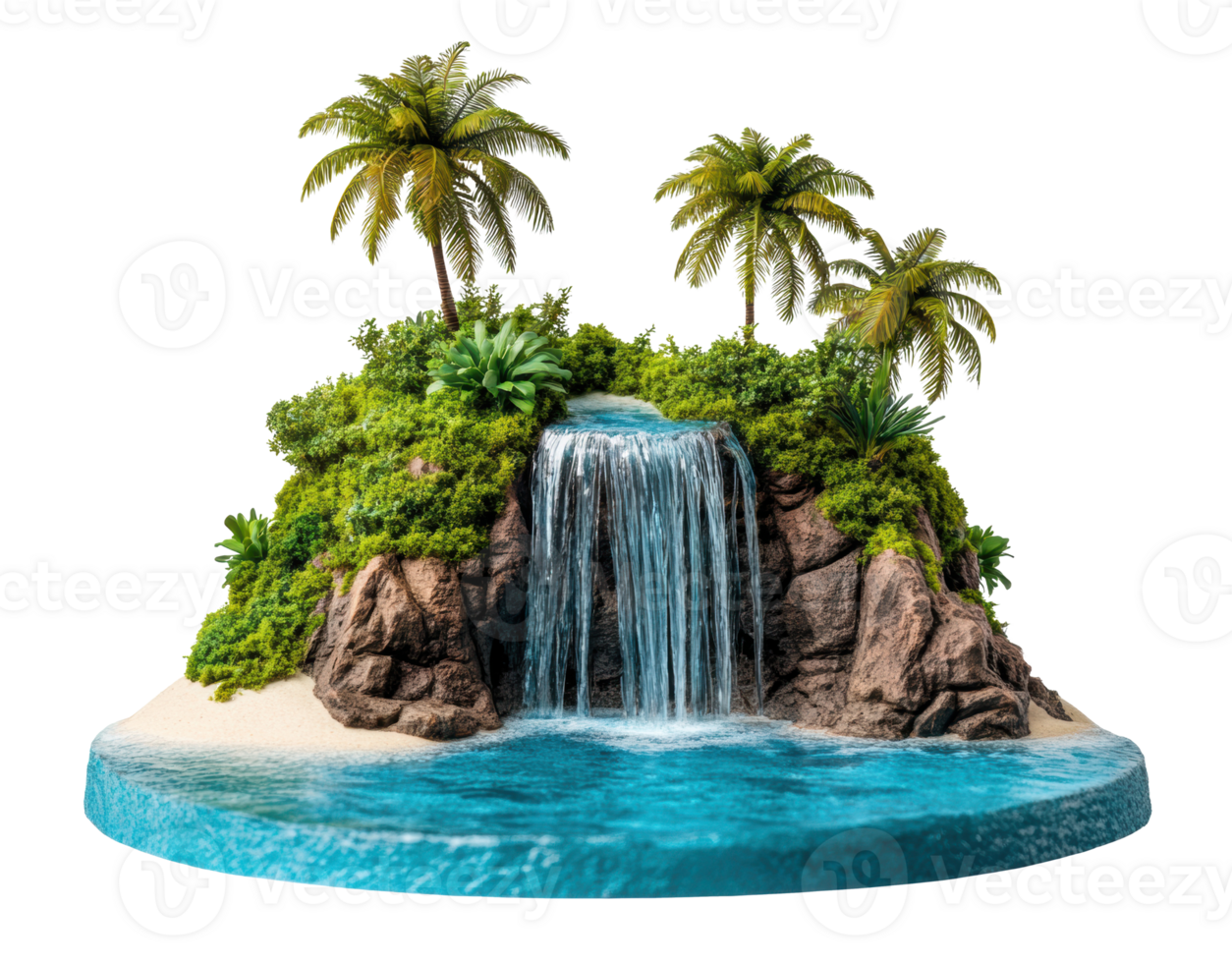 Lush tropical waterfall surrounded by greenery and palm trees png