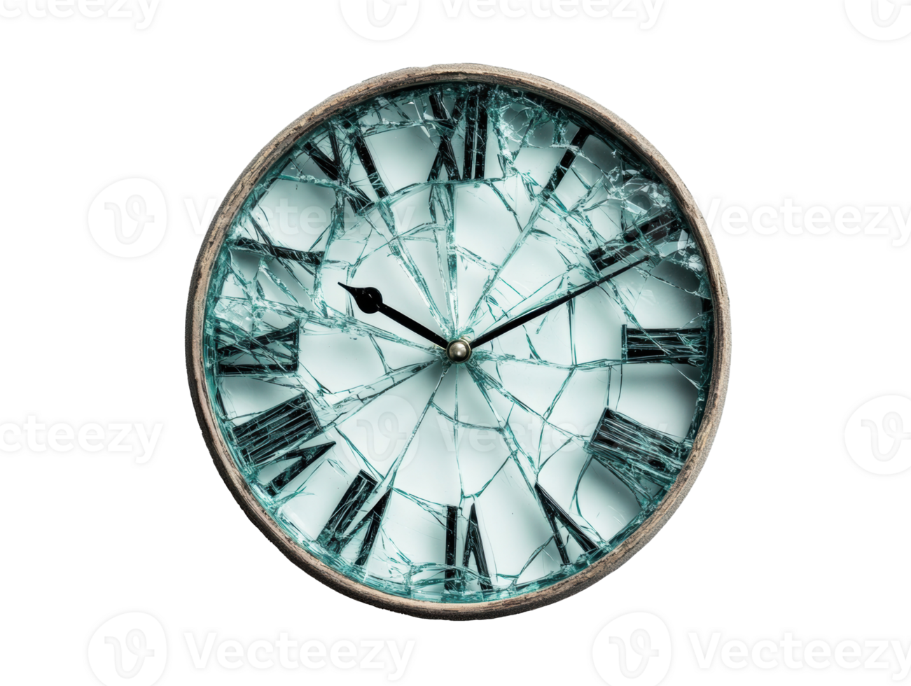 Broken clock with shattered glass revealing the passage of time png