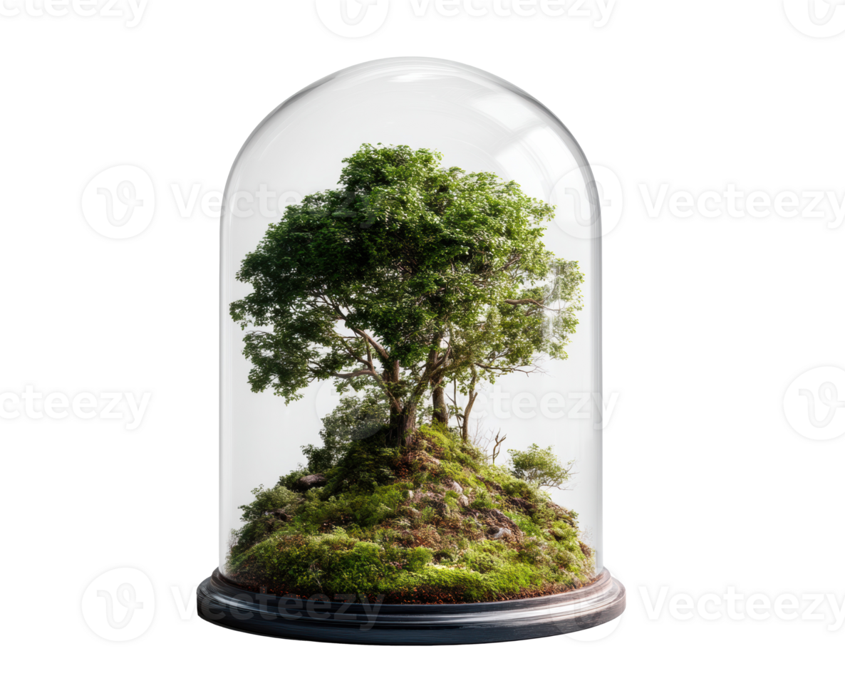 Miniature forest ecosystem in a glass dome for decorative display png