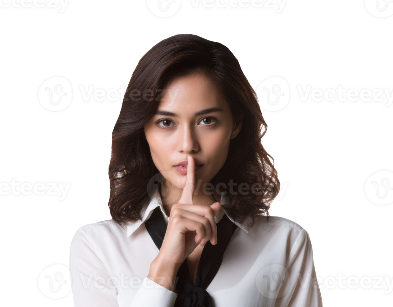 Woman signaling for silence in a professional setting png