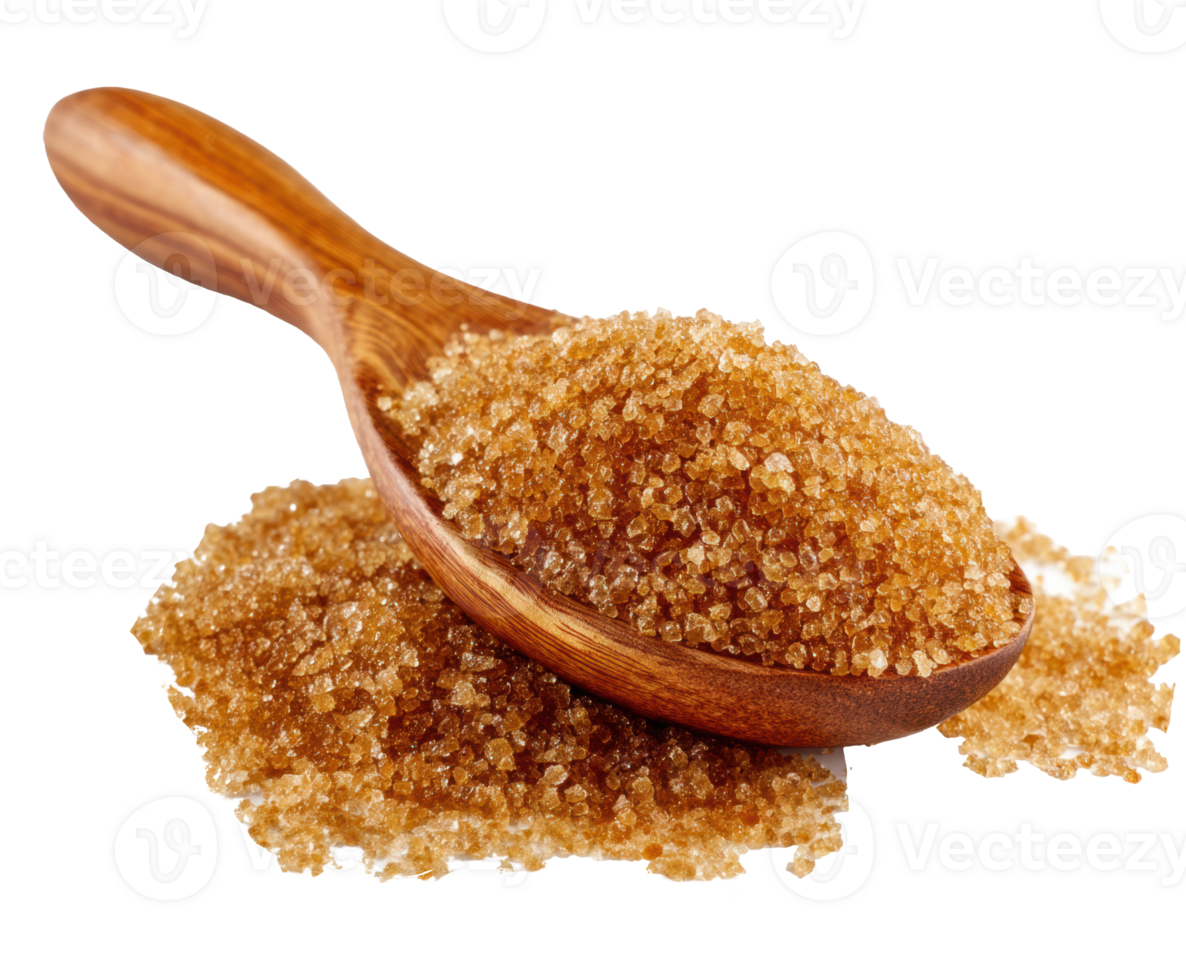 Brown sugar in wooden spoon on a clean surface with spilled sugar png