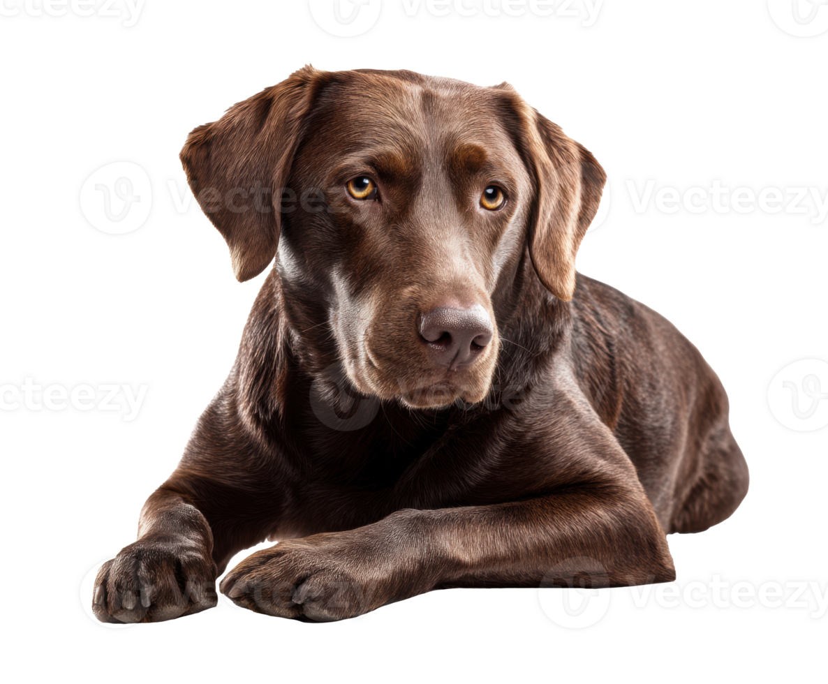 Brown Labrador resting with an attentive expression in a cozy setting png