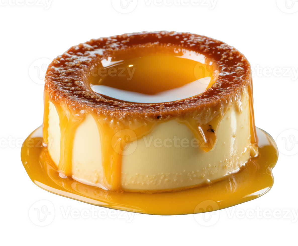 Creamy caramel flan dessert with rich sauce drizzling down png
