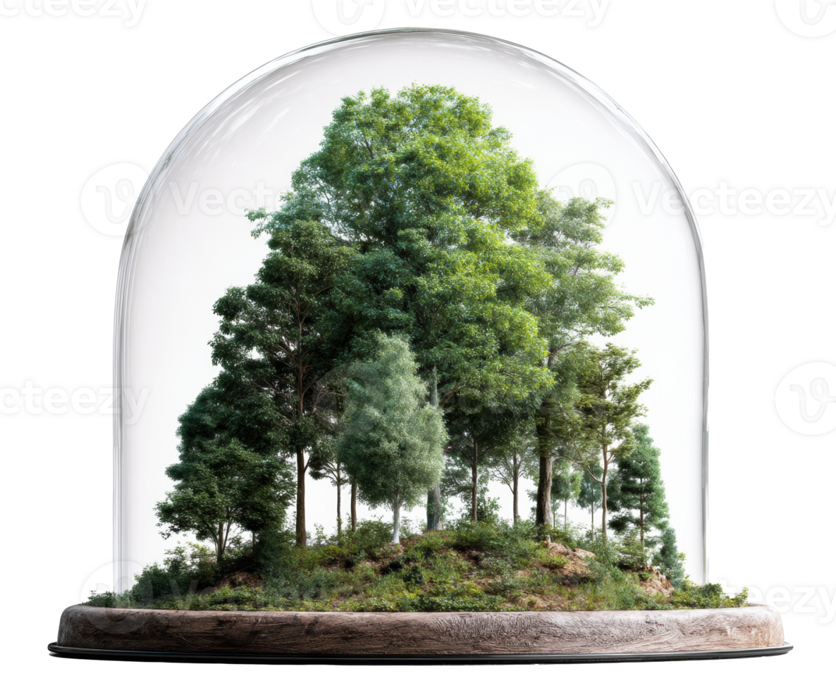Lush forest ecosystem under glass dome for botanical display png