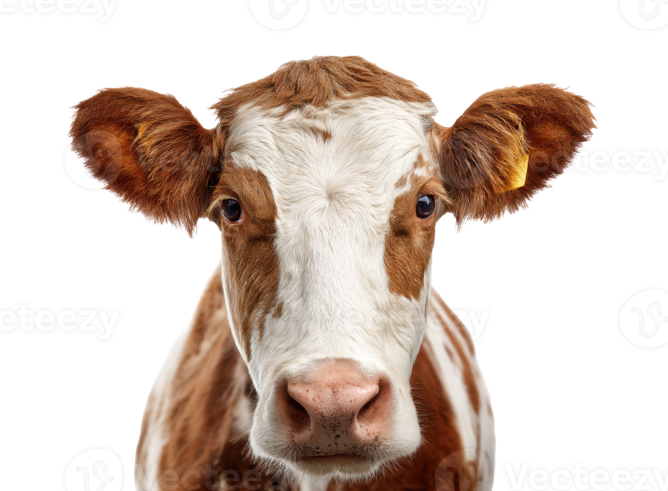 Friendly brown and white cow facing the camera on a farm png