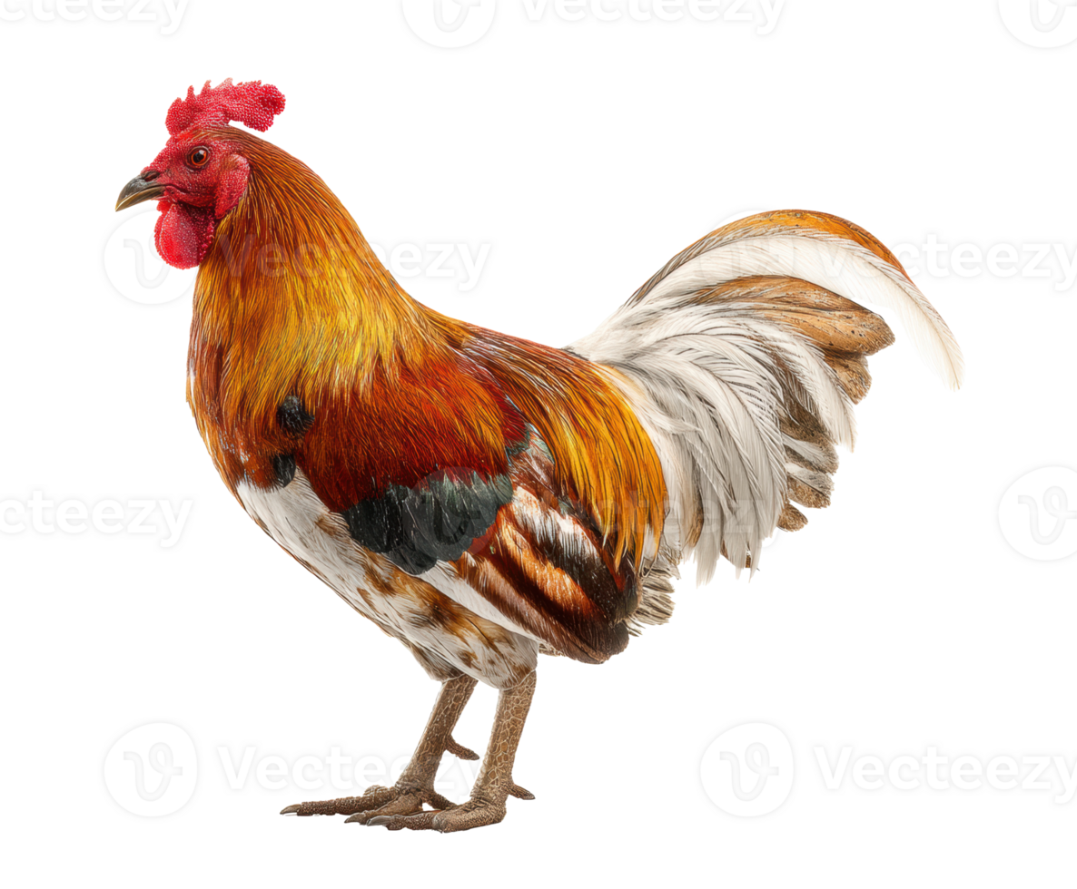 Colorful rooster standing proudly in a rural setting for farm themes png
