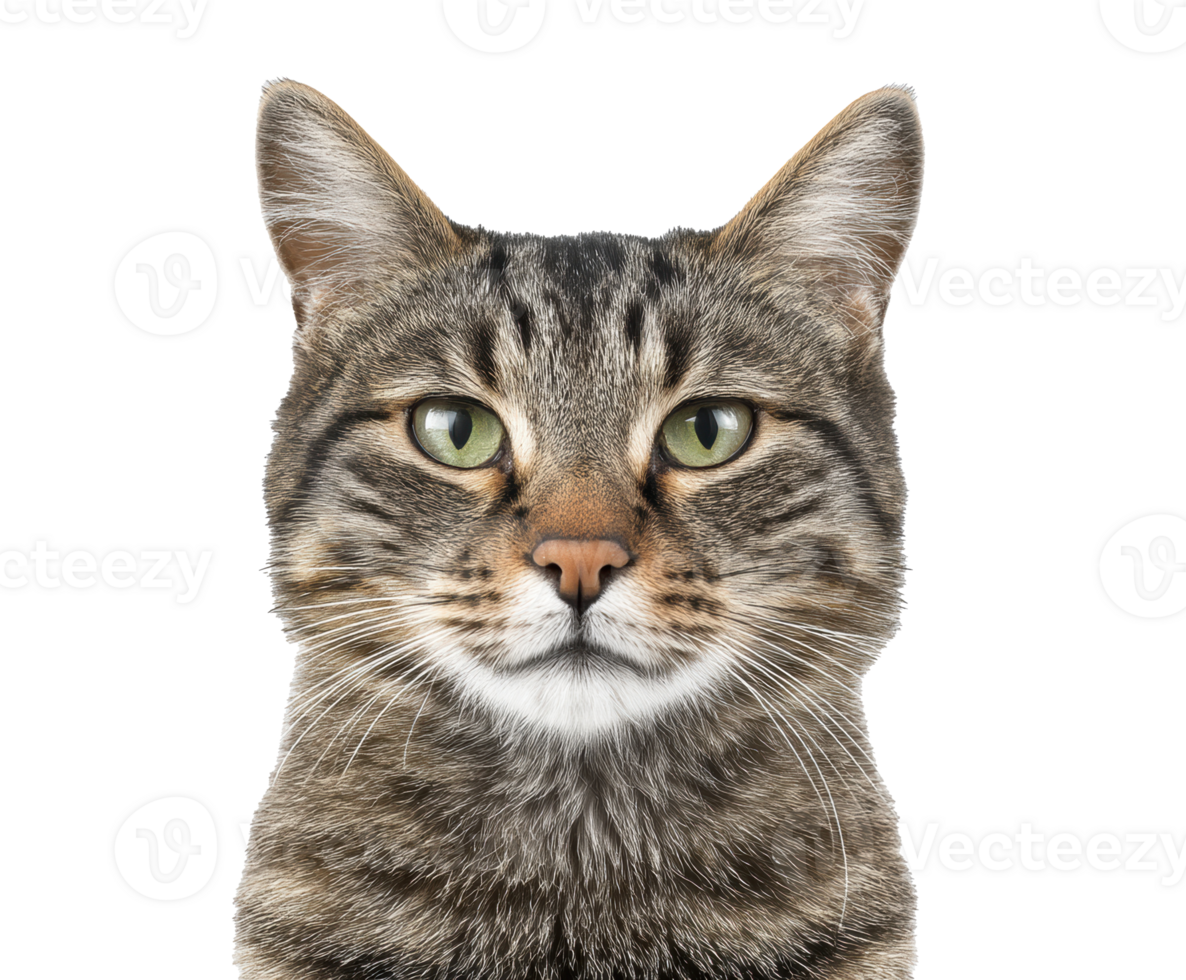 Striking portrait of a confident tabby cat with vivid green eyes png