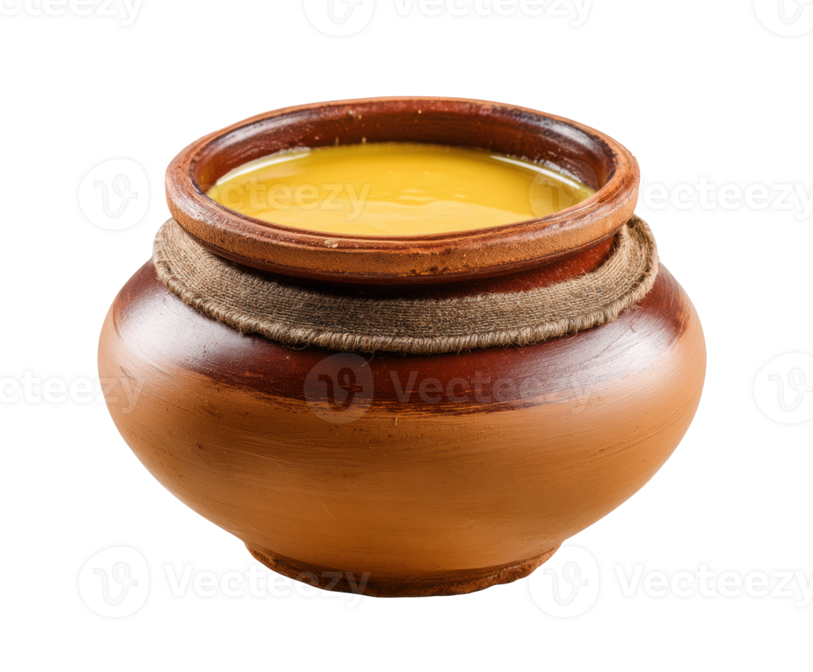 Traditional clay pot filled with golden honey for natural sweetening png