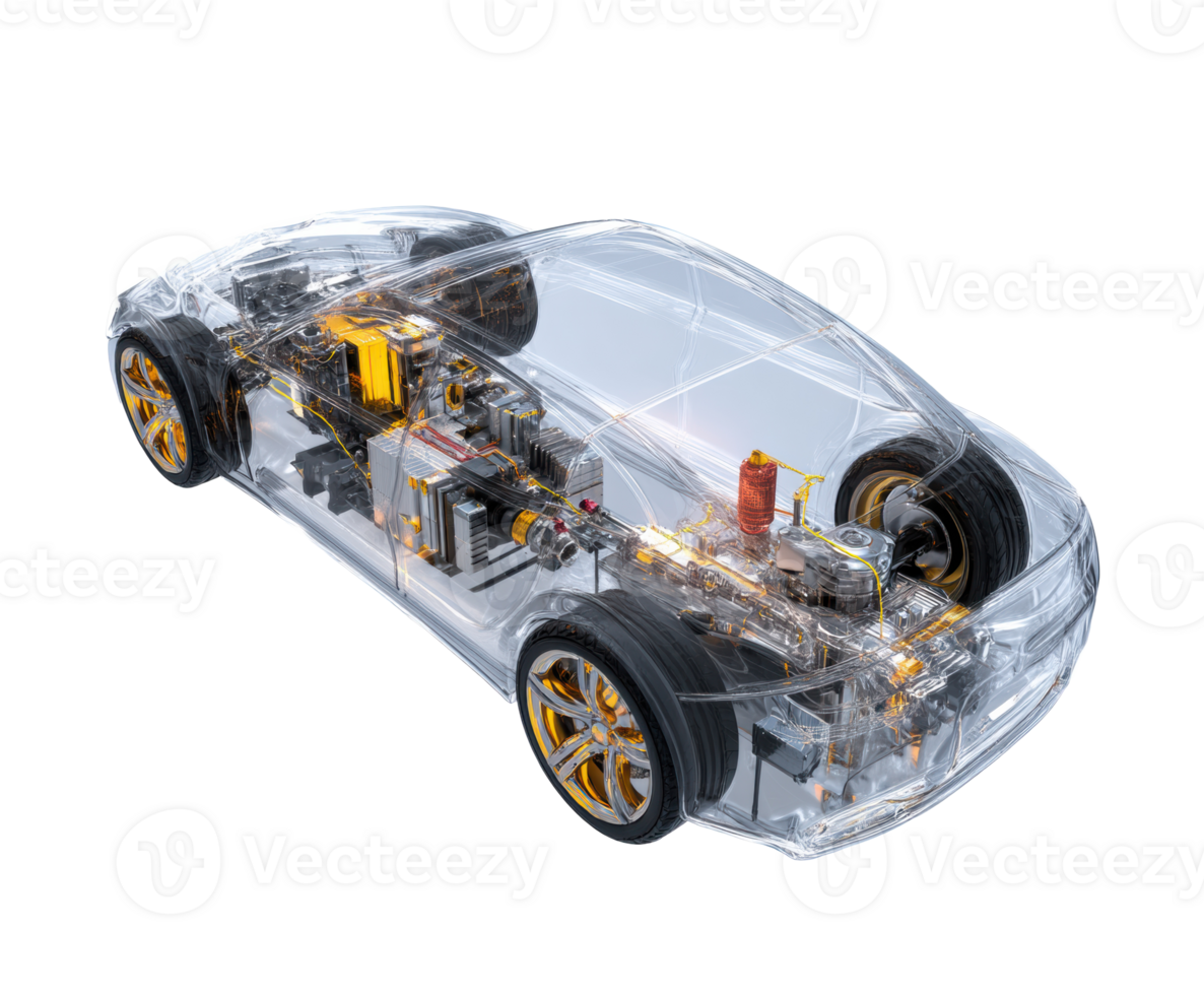 Transparent electric vehicle with detailed interior components png