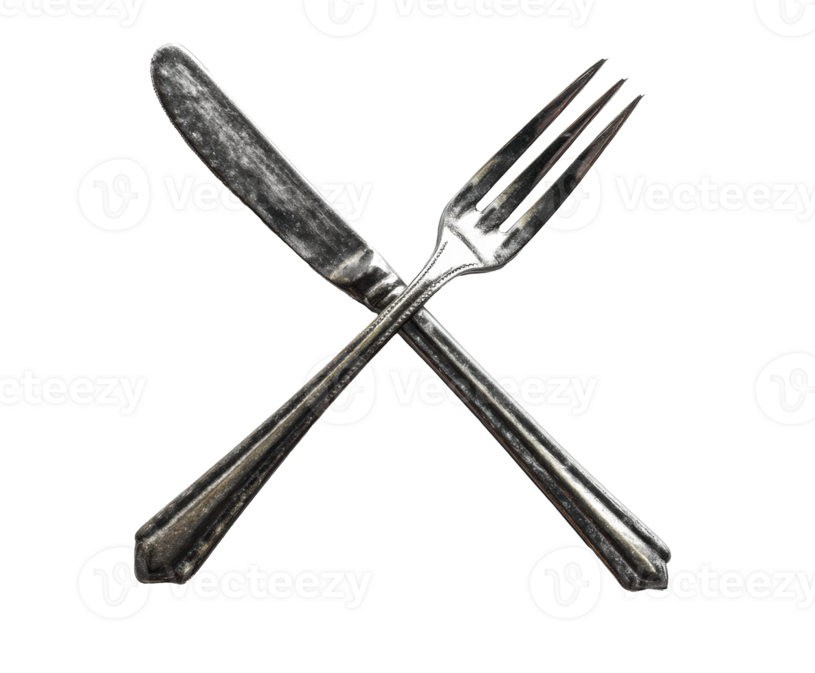 Crossed silver fork and knife on a plain surface for dining concepts png
