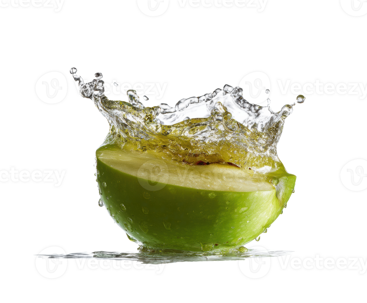 Fresh green apple splashing in crystal clear water with bubbles png