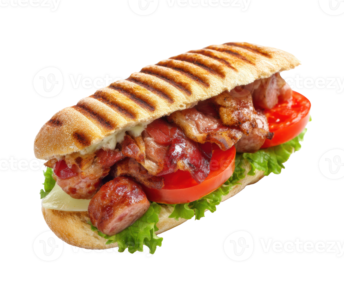 Grilled sausage sandwich with bacon, tomatoes, and lettuce for lunch png