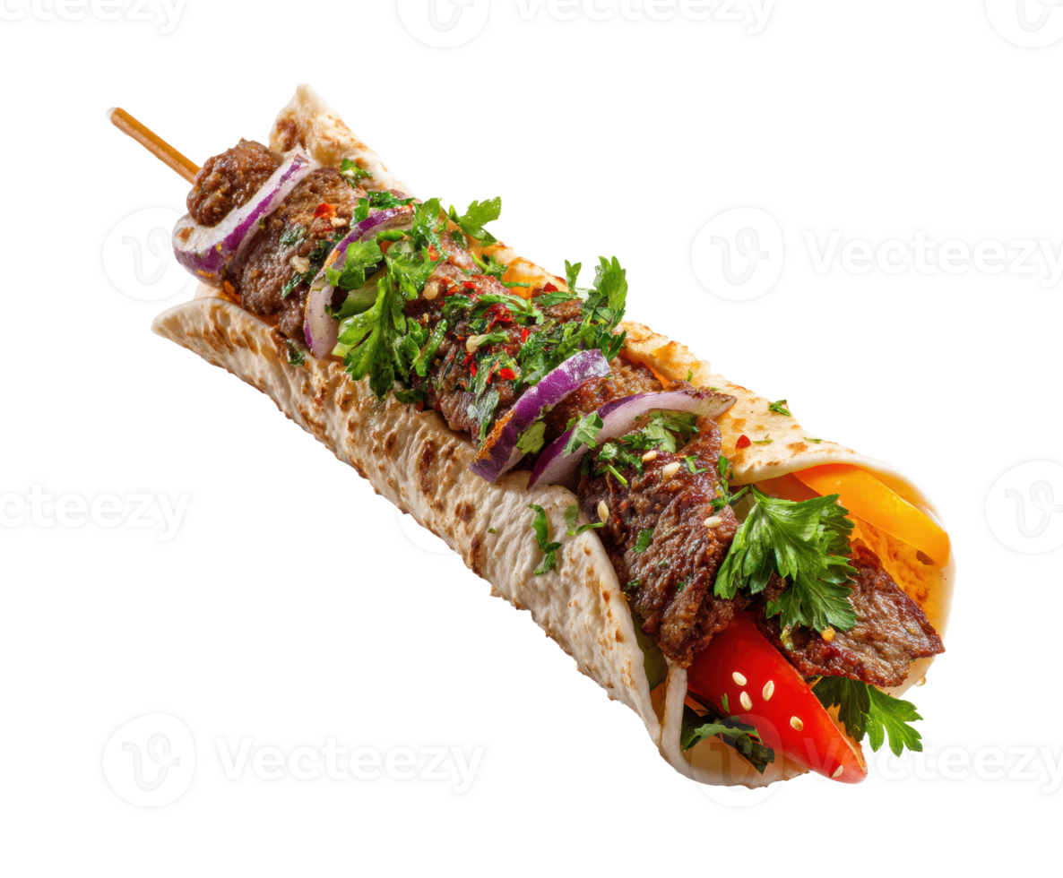 Grilled kebab wrap with vegetables and fresh herbs png