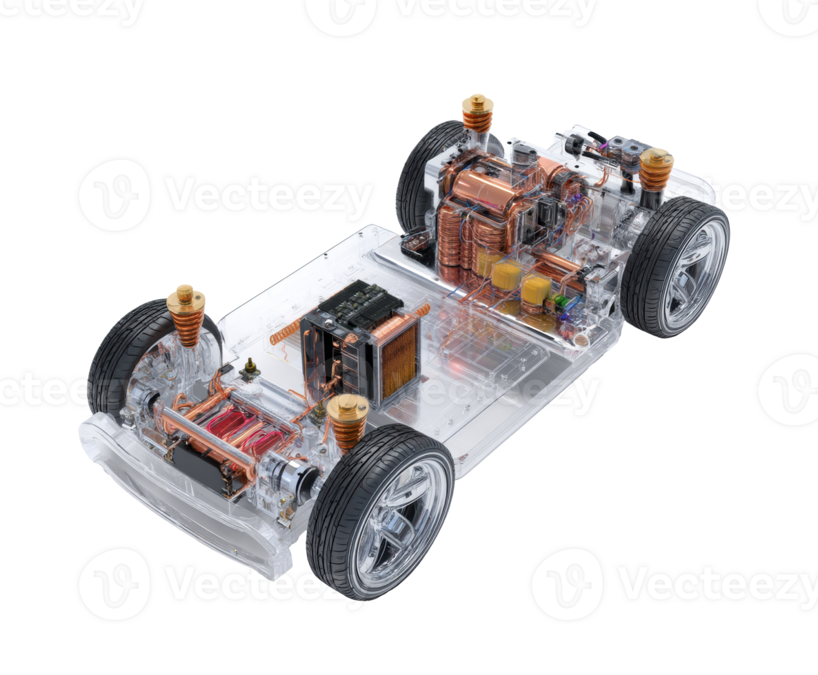 Clear EV chassis showcasing visible parts and design png