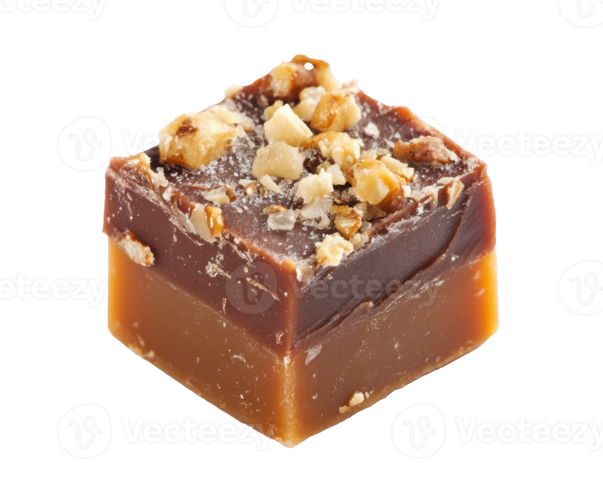 Delicious caramel fudge topped with crunchy nuts for dessert png