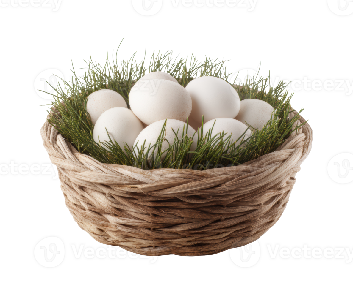 Fresh eggs in a natural basket with green grass decoration png