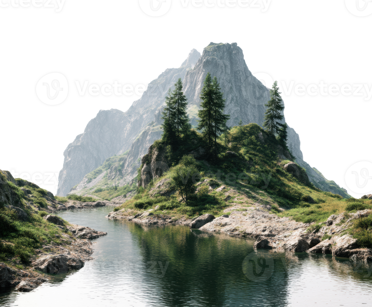 Serene mountain landscape with reflection in calm water png