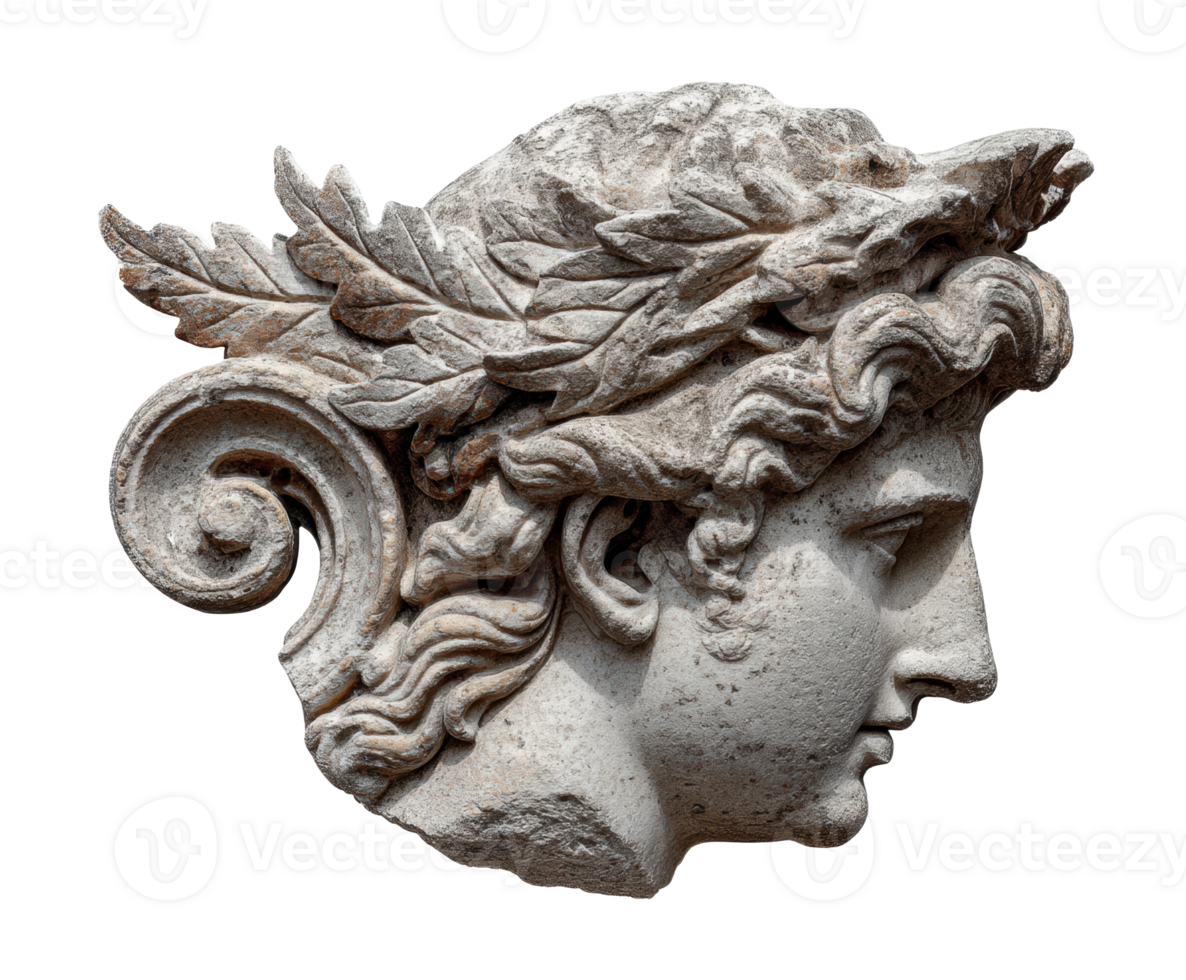 Greek sculpture of a historical figure with a laurel crown png
