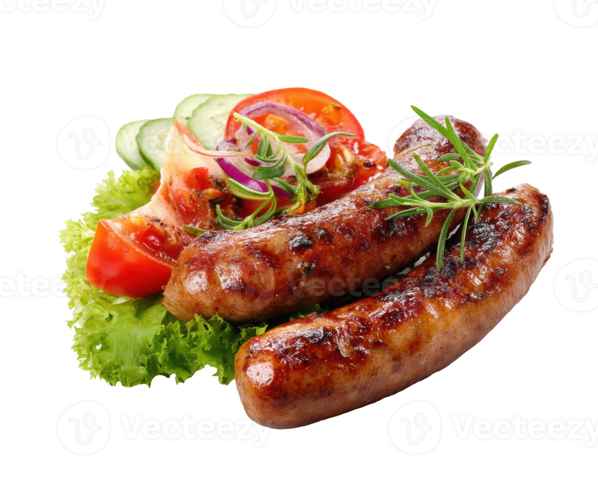 Grilled sausages with fresh vegetables and herbs for summer barbecues png
