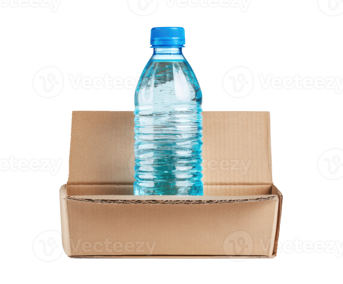 Water bottle packaging in a cardboard box for delivery use png