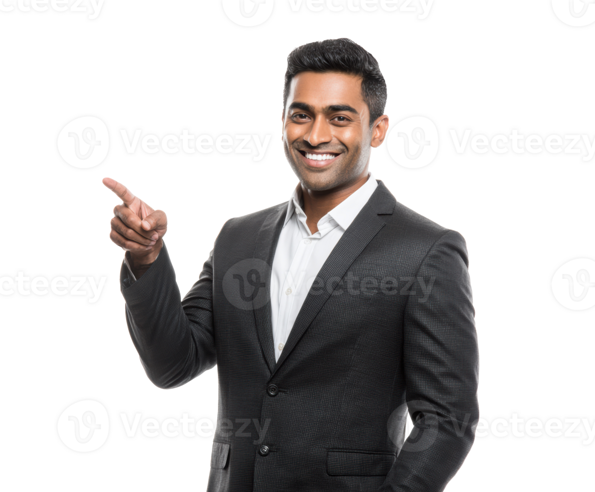 Confident man in suit pointing and smiling in a bright setting png