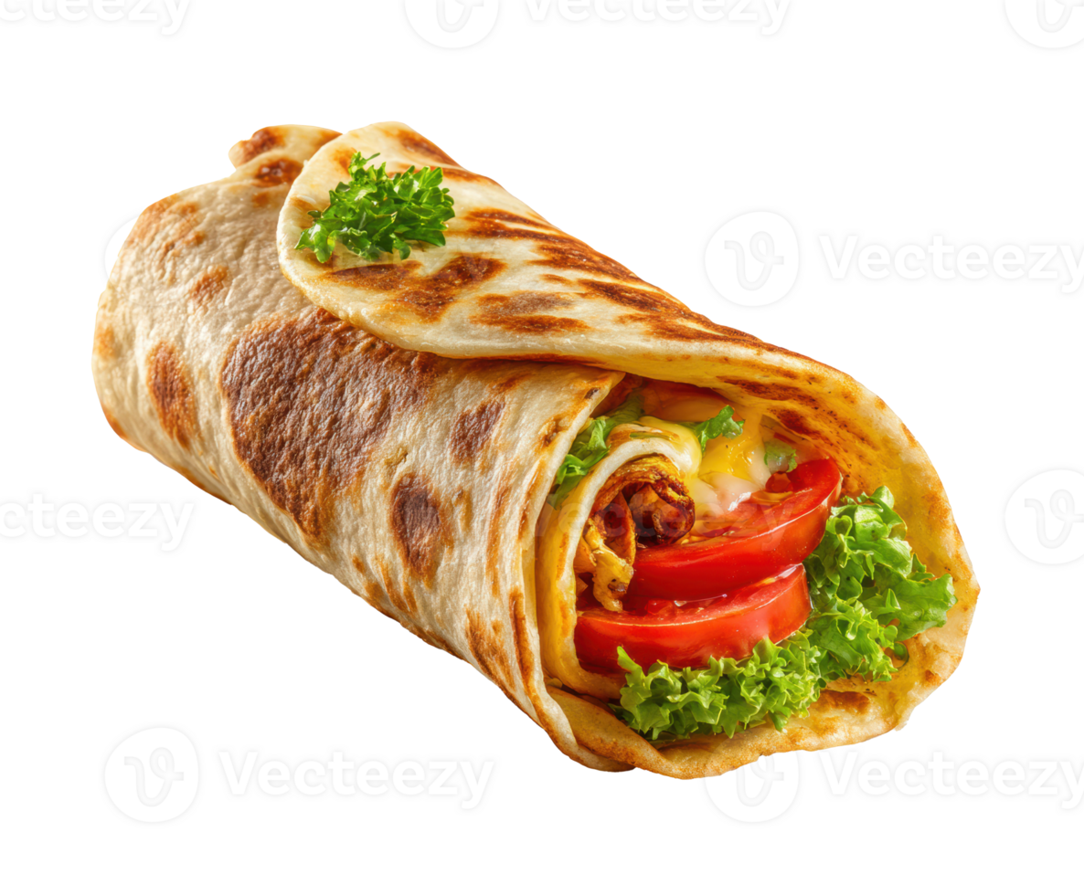 Delicious wrap filled with fresh vegetables and savory meat png