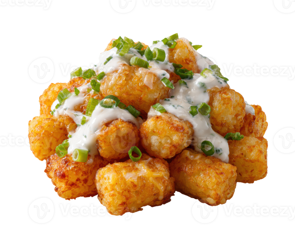 Crispy tater tots topped with creamy sauce and green onions png
