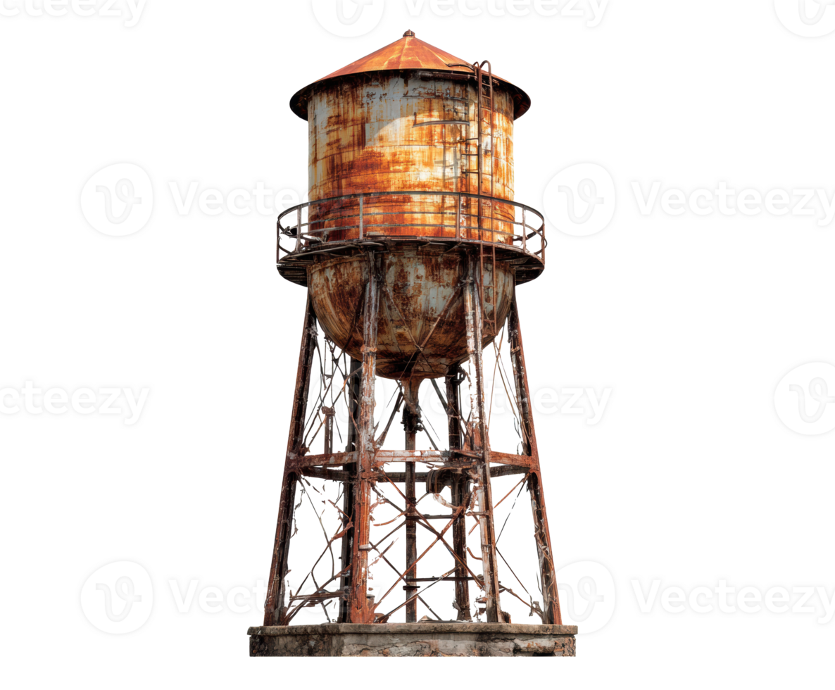 Rusty water tower standing tall in an abandoned area png