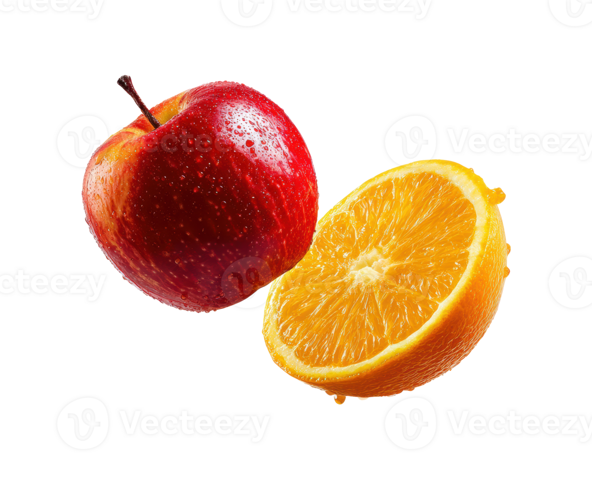 Fresh apples and oranges with droplets for healthy eating png