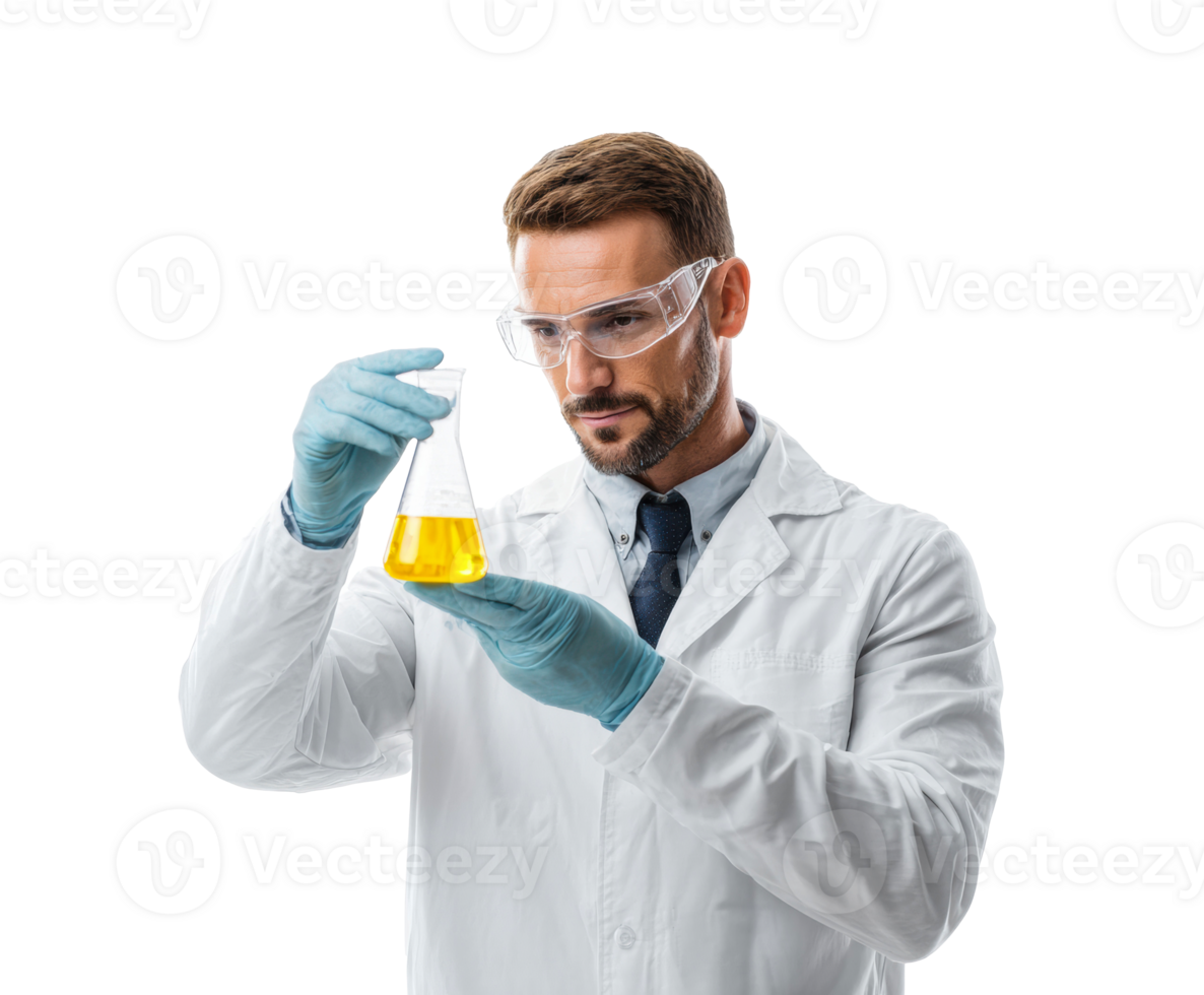 Laboratory work with chemist analyzing yellow liquid in flask png