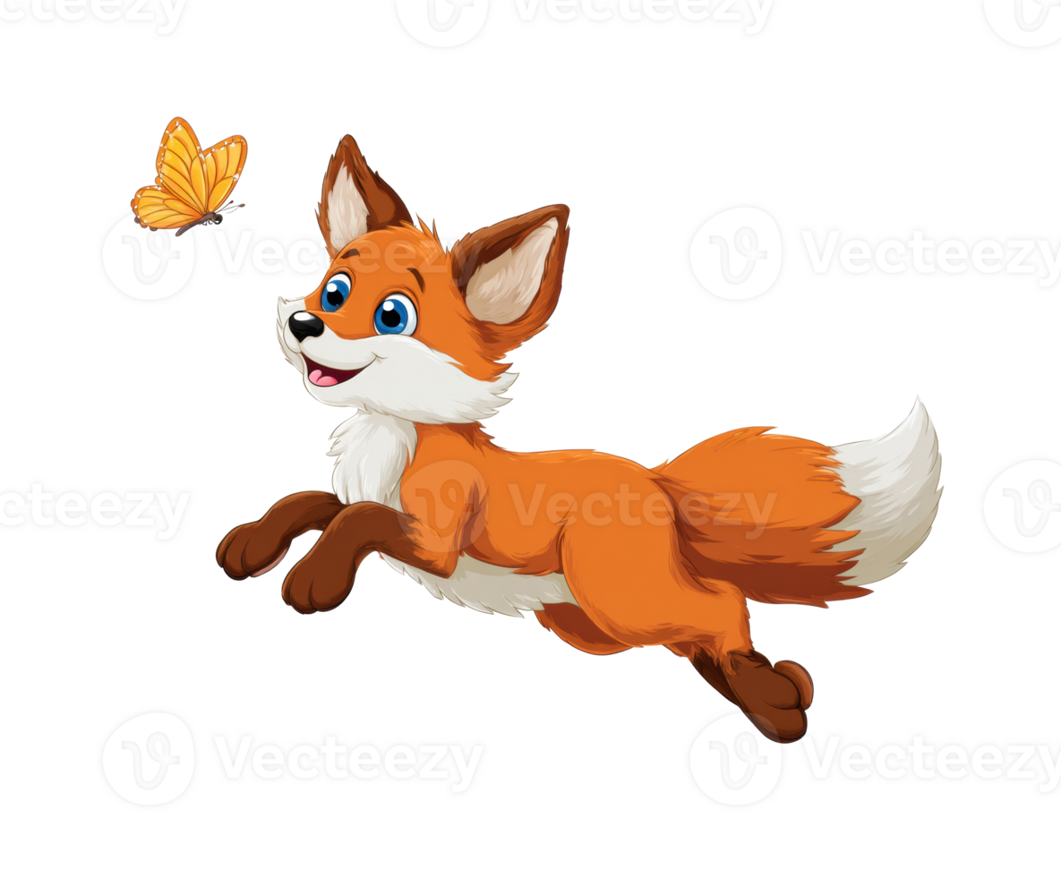 Playful fox chasing a butterfly in a whimsical setting png