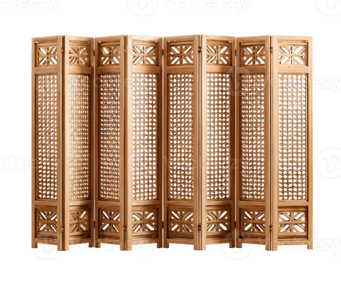 Decorative wooden room divider with intricate lattice design png